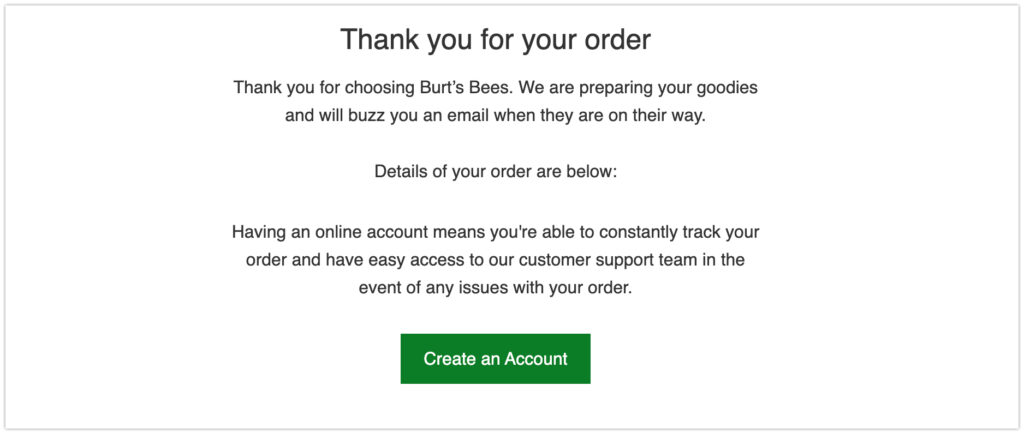 An example of a thank you email from Burt's Bees