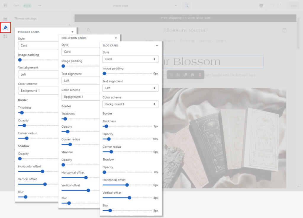 Theme Settings - Product, Collection, Blog Cards
